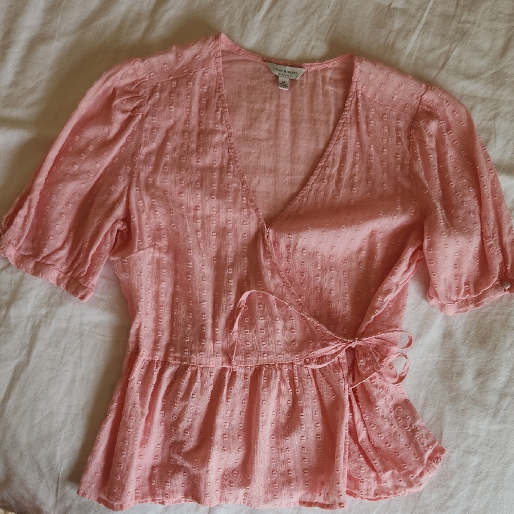 Lucky Brand Puff Sleeve Wrap Blouse in Pink and Orange